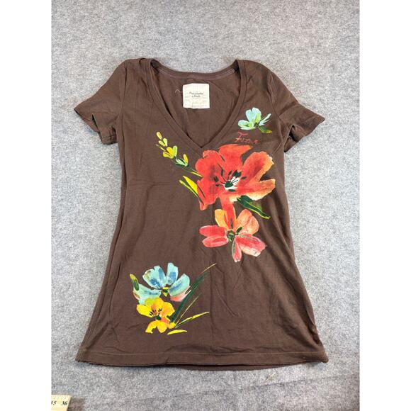 Abercrombie & Fitch Floral Graphic Tee Womens Large Brown V-Neck Boho Artsy Y2K - Picture 1 of 6